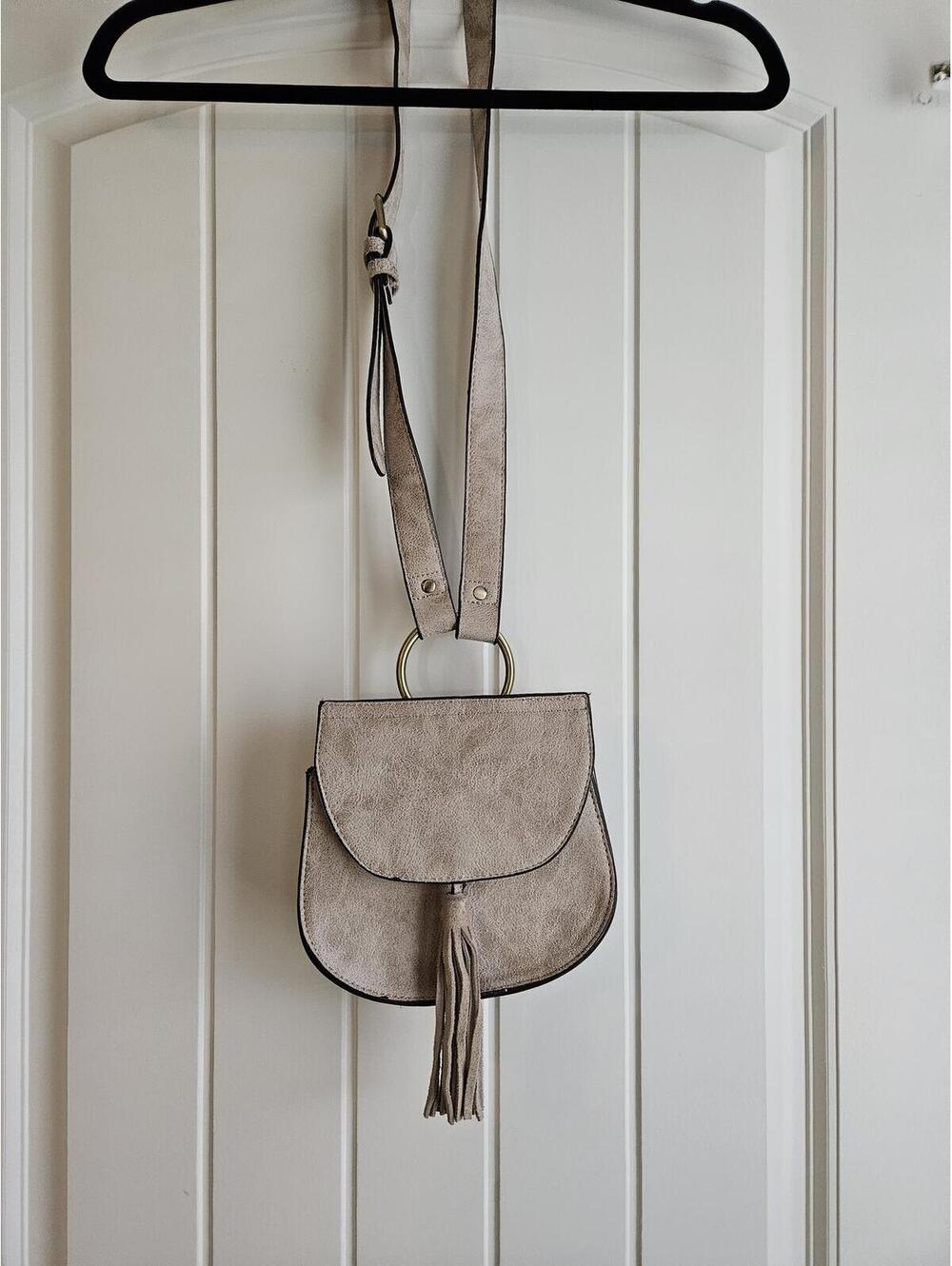 Street Level Beige Suede Crossbody Bag with Tassel Detail